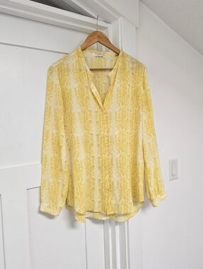 Equipment Femme Silk Button Down Collarless Blouse in Yellow Snakeskin